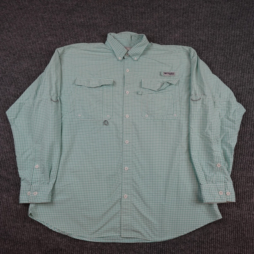 Columbia PFG Shirt Mens Large Green Check Long Sleeve Fishing Button Up Outdoor